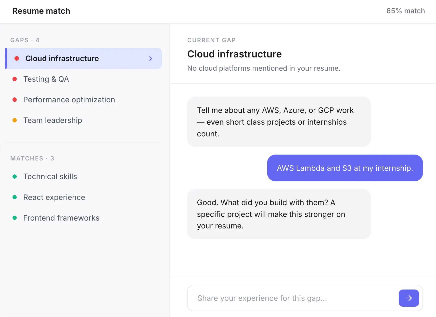 Prototype: AI surfaces one gap at a time in chat