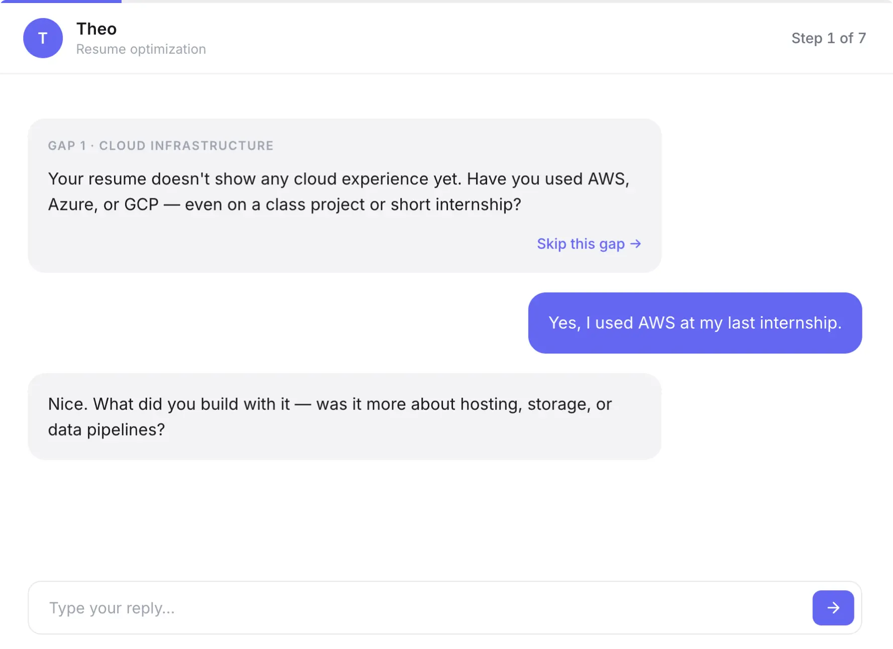 Prototype: clickable gap list, each gap opening its own scoped chat