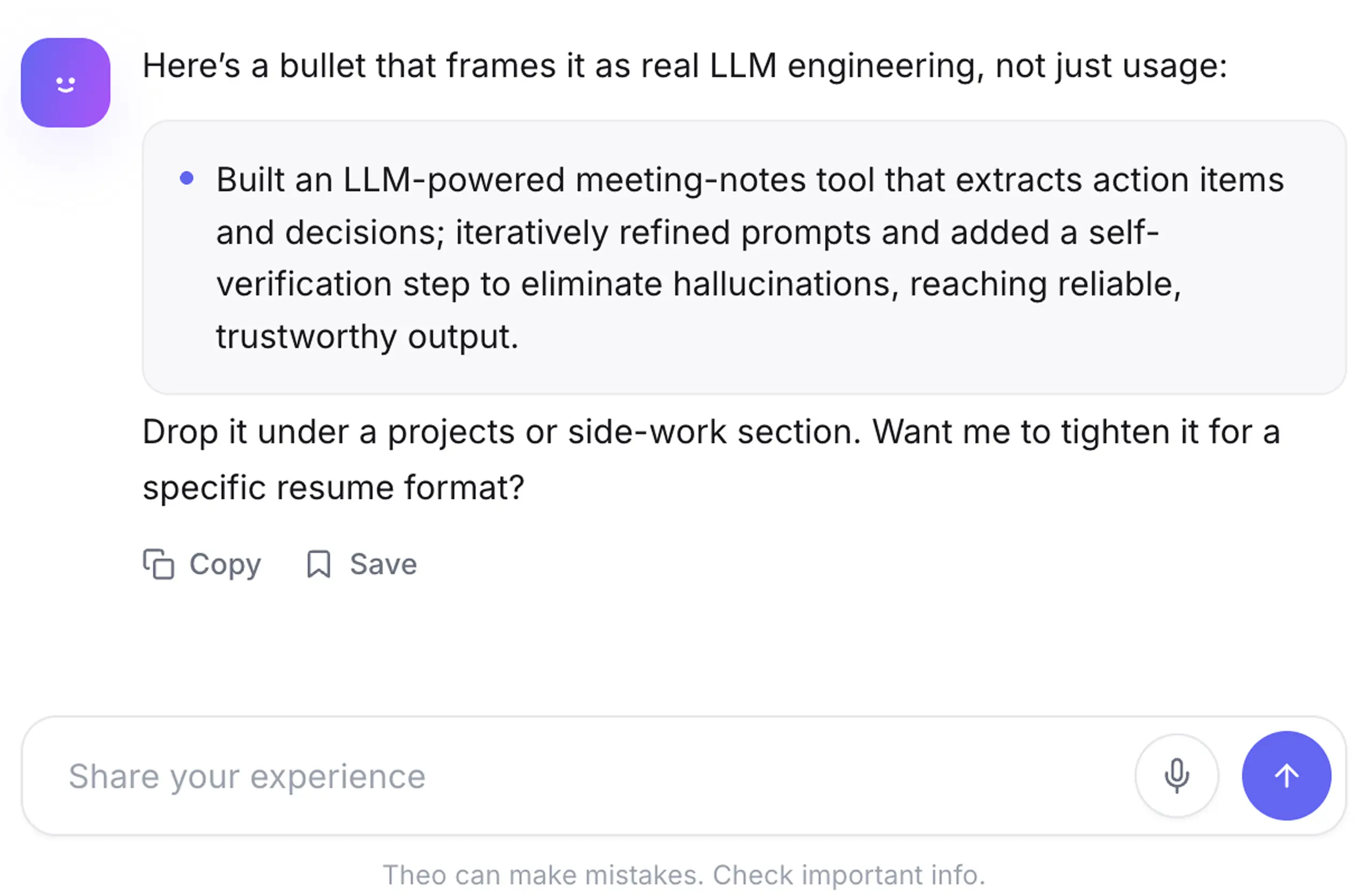 Prototype: AI generates one bullet at a time inside chat
